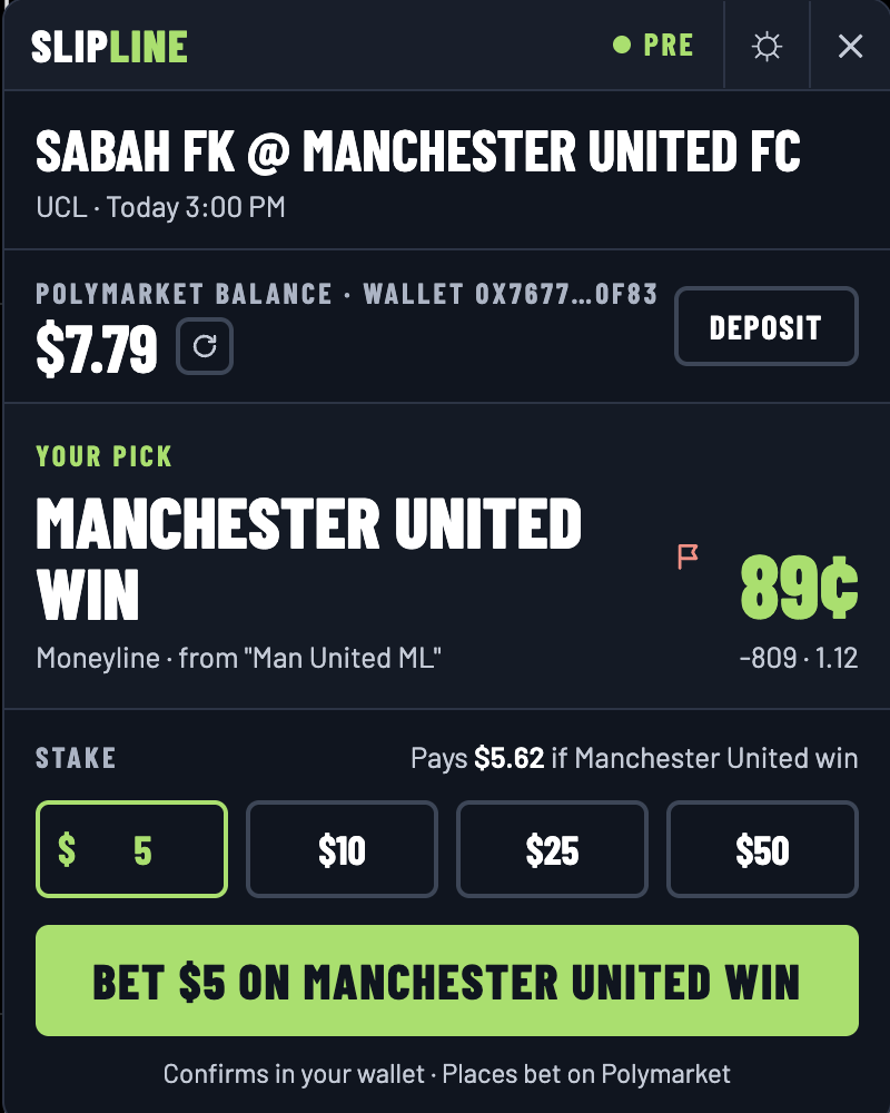 The SlipLine panel: Manchester United WIN at 89 cents, stake buttons, and a Bet button
