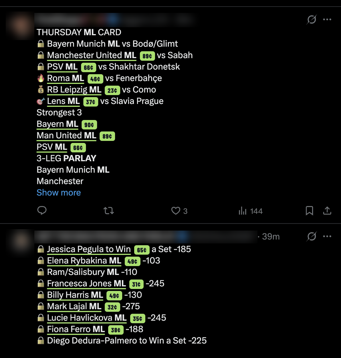 Two X posts listing soccer and tennis picks, each recognized bet underlined in green with its live Polymarket price